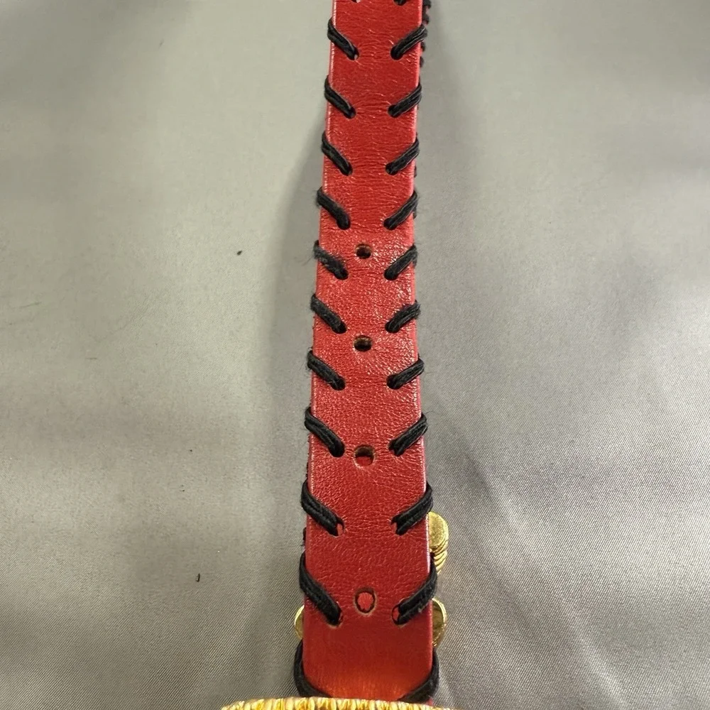 Carlisle Red Leather Belt Gold Coil Buckle Black‎ Lacing Women's Small 32